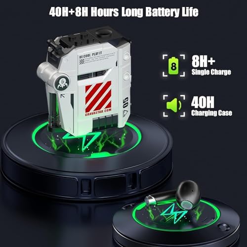 gravastar sirius p5 bluetooth earbuds – interchangeable cases, enc, 40h playtime, ipx4, bluetooth 5.2, rgb lights, defense mecha white