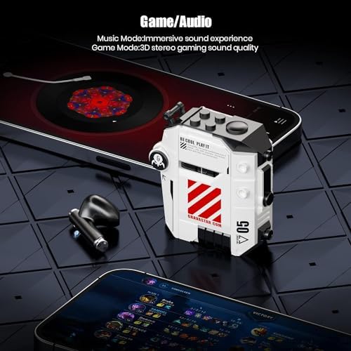 gravastar sirius p5 bluetooth earbuds – interchangeable cases, enc, 40h playtime, ipx4, bluetooth 5.2, rgb lights, defense mecha white